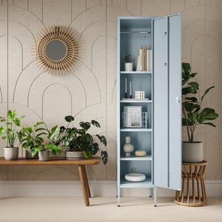 The Bexley in Sky Blue, a tall, 1 door metal storage locker, open to reveal 4 shelves containing stationary and folders.