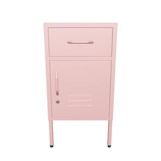 The Bromley, a small, 1 door metal locker with a drawer above it, in flamingo pink, against a white background.
