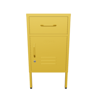 The Bromley, a small, 1 door metal locker with a drawer above it, in mustard.
