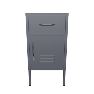 The Bromley, a small, 1 door metal locker with a drawer above it, in slate grey, against a white background.