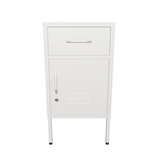 The Bromley, a small, 1 door metal locker with a drawer above it, in vanilla, against a white background.