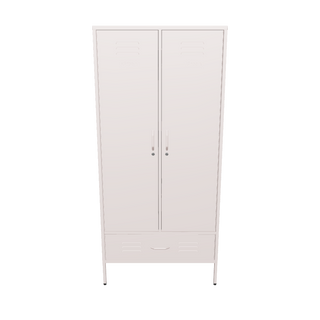 The Mayfair tall 2 door storage locker with a drawer at the bottom, in light pink.