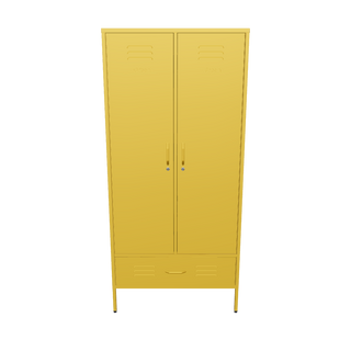 The Mayfair tall 2 door storage locker with a drawer at the bottom, in mustard.