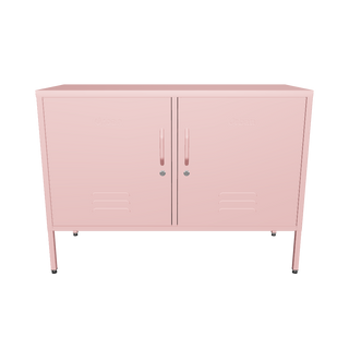 The Oxford, a wide, short 2 door metal locker in flamingo.