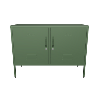 The Oxford, a wide, short 2 door metal locker in forest green.