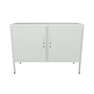 The Oxford, a wide, short 2 door metal locker in sage green.
